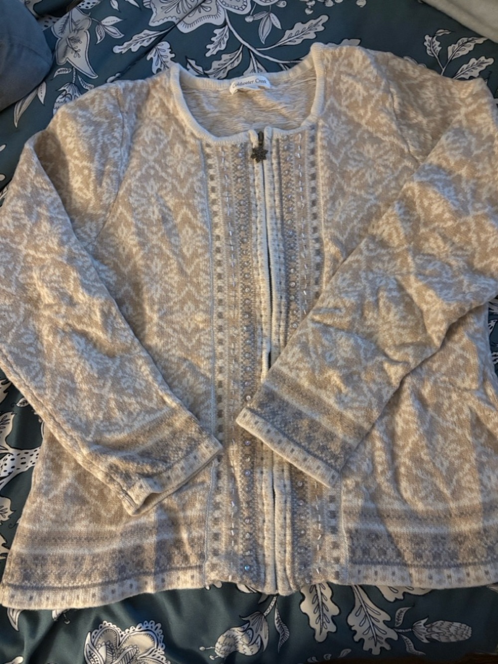 Coldwater Creek Cream Beaded Zip Front Cardigan women’s size medium 10-12